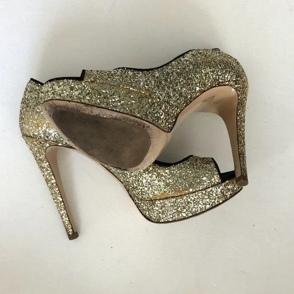 Miu Miu Gold Glitter Black Trim Peep Pumps Heels 9